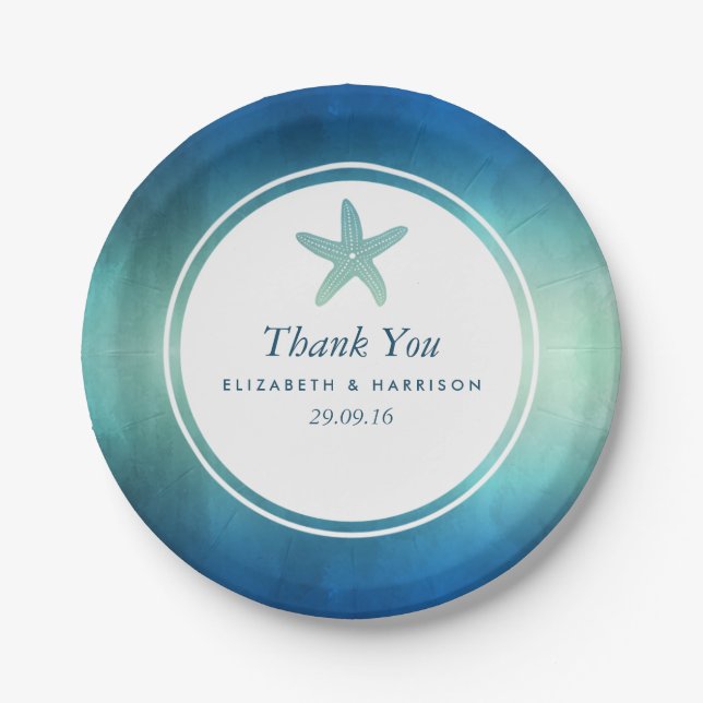 Watercolor Ocean Starfish Beach Wedding Paper Plates (Front)