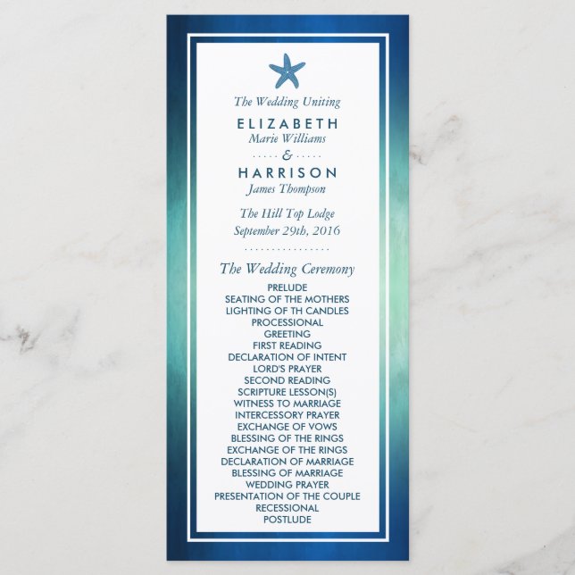 Watercolor Ocean Starfish Beach Wedding Program (Front)
