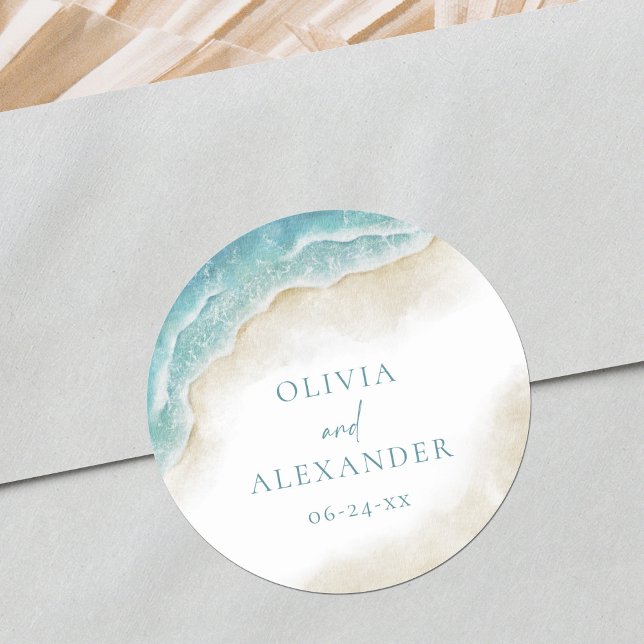 Watercolor Ocean Summer Beach Wedding Classic Round Sticker (Creator Uploaded)