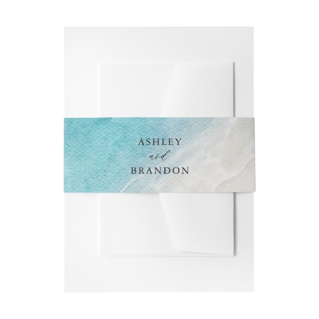 Watercolor Ocean Summer Blue Beach Wedding Invitation Belly Band (Front Example)