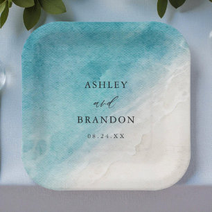 Watercolor Ocean Summer Blue Beach Wedding Paper Plates