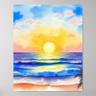 Watercolor Ocean Sunset Poster Soft Golden Light