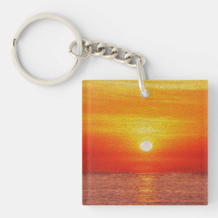 Watercolor Ocean Sunset Summer Beach Waves Keychain