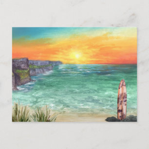 Watercolor Ocean Sunset Vintage Travel Postcard
