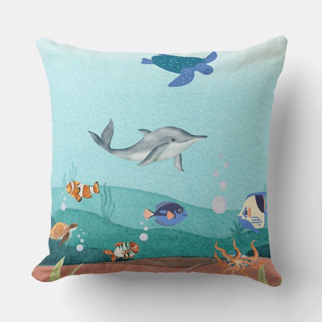 Watercolor Ocean ,undersea Throw Pillow (Front)