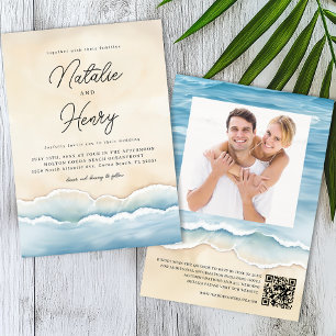 Watercolor Ocean Wave Beach Wedding Photo Invitation