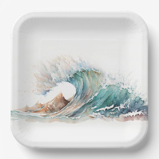 Watercolor Ocean Wave Paper Plates (Front)