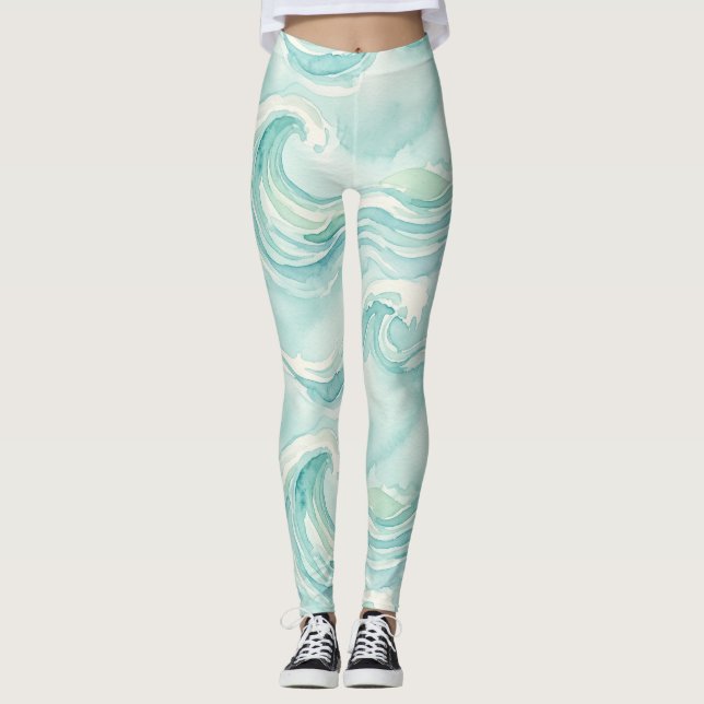 Watercolor Ocean Wave Pattern Leggings (Front)