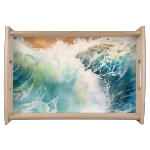 Watercolor Ocean Wave Serving Tray for Beach House