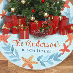 Watercolor Ocean Wave Star Fish Coastal Christmas  Brushed Polyester Tree Skirt