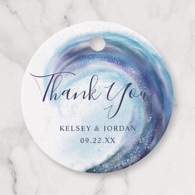 Watercolor Ocean Wave Thank You Wedding Names Favor Tags (Front)