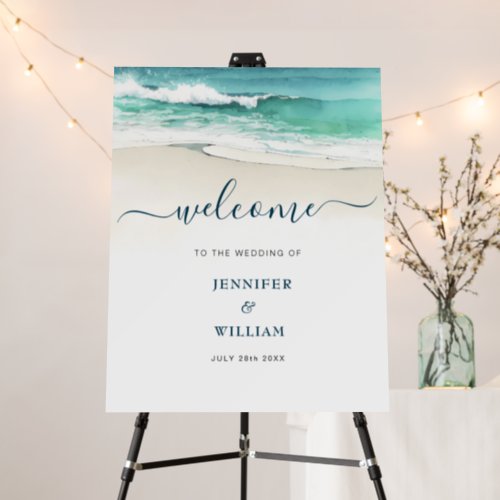 Watercolor Ocean waves Beach wedding Welcome sign 