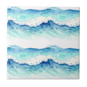 Watercolor Ocean Waves Border Ceramic Tile