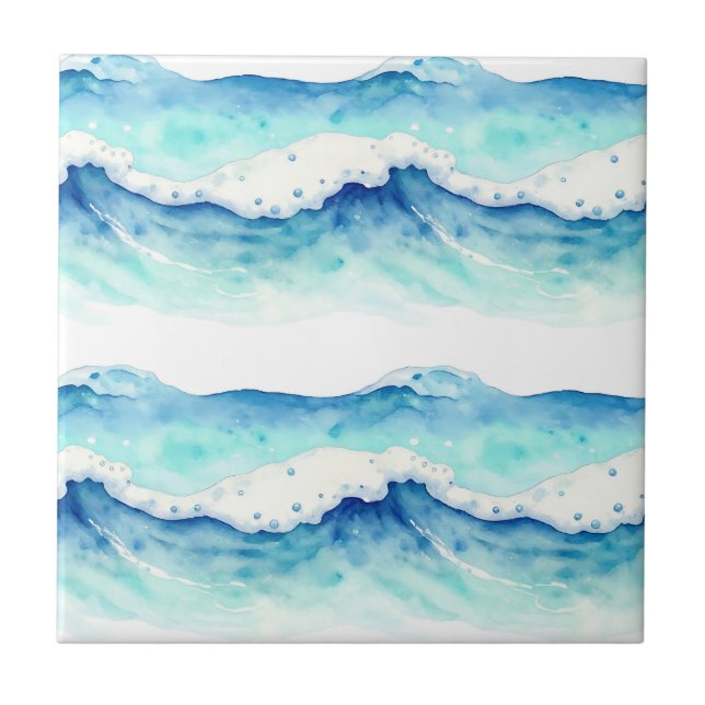 Watercolor Ocean Waves Border Ceramic Tile (Front)