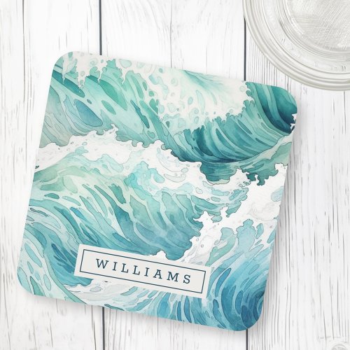 Watercolor ocean waves custom name beverage coaster