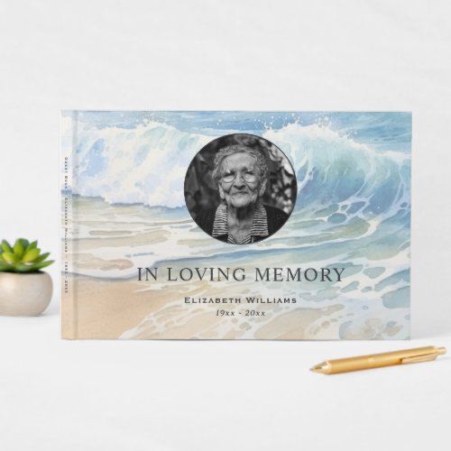 Watercolor Ocean Waves Memorial Funeral Photo Guest Book