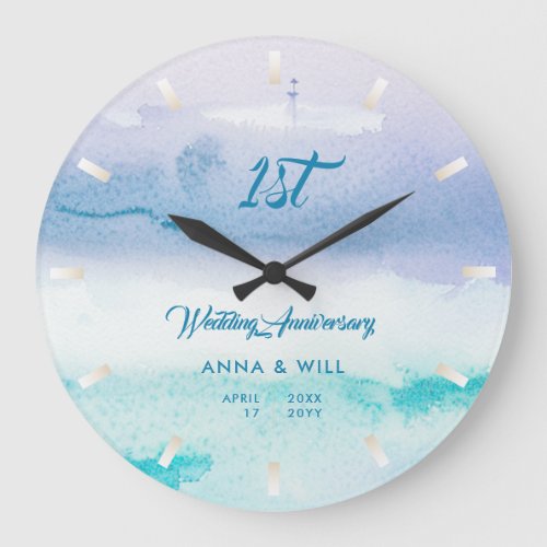 Watercolor Ocean Waves Modern Wedding Anniversary Large Clock