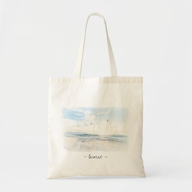 Watercolor Ocean Waves Personalized Tote Bag (Front)