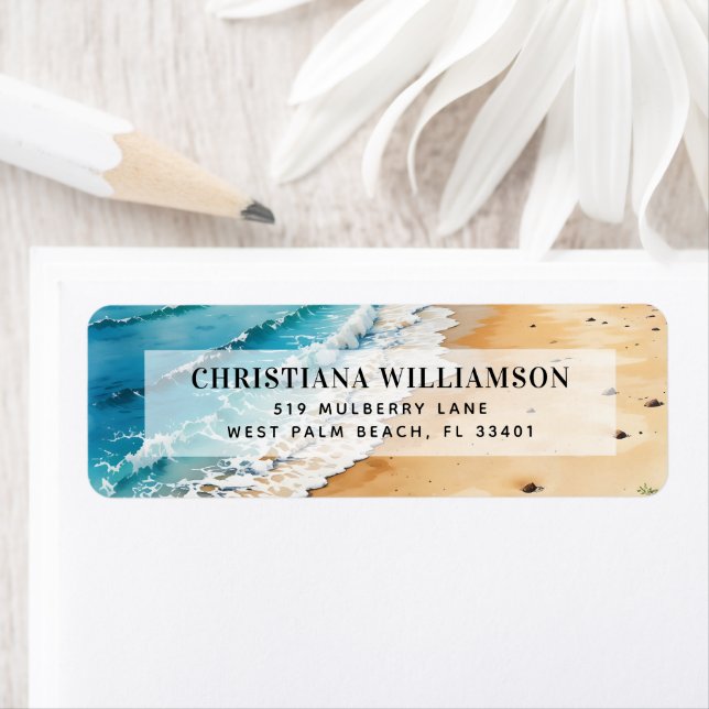 Watercolor Ocean Waves Seaside Tropical Beach Label (Insitu)