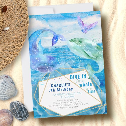 Watercolor Ocean Whale Any Age Birthday Invitation