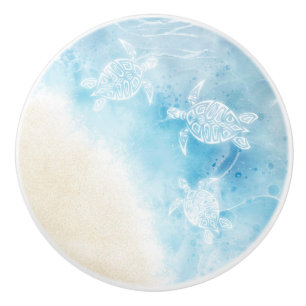 Watercolor Ocean White Turtle Ceramic Knob