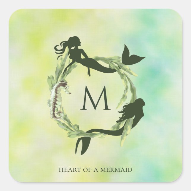 Watercolor Ocean Wreath Mermaids Monogram Square Sticker (Front)