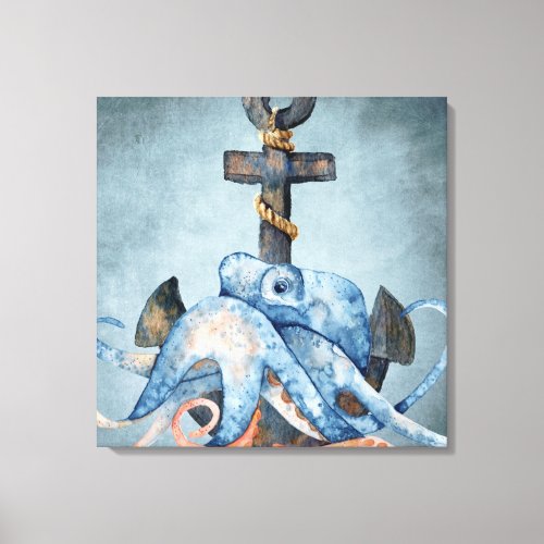 Watercolor Octopus and Anchor Nautical Beach Canvas Print