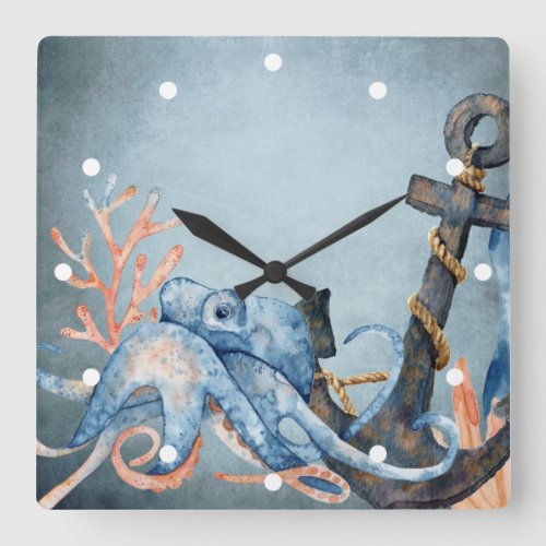 Watercolor Octopus and Anchor Nautical Beach Square Wall Clock