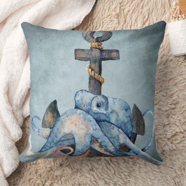 Watercolor Octopus and Anchor Nautical Beach Throw Pillow (Blanket)