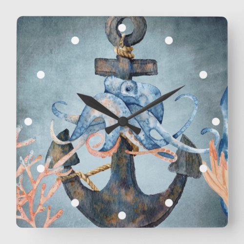 Watercolor Octopus and Anchor Sea Life Beach Square Wall Clock