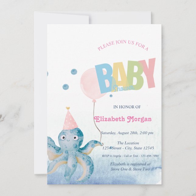 Watercolor Octopus Balloon Summer Baby Shower  Invitation (Front)
