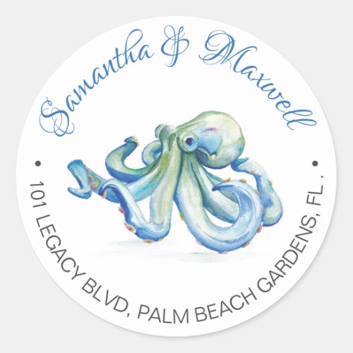 Watercolor Octopus Beach Wedding Return Address Classic Round Sticker