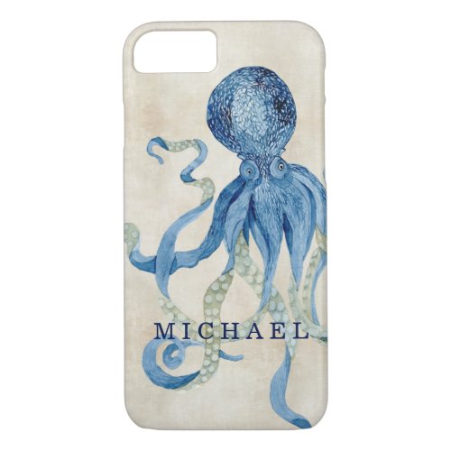 Watercolor Octopus Blue Grey Tan Ocean Beach Art iPhone 87 Case