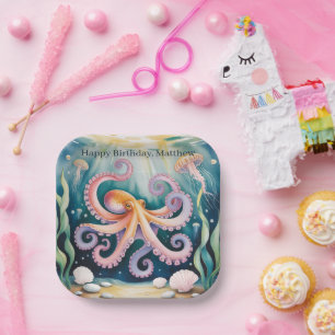 Watercolor Octopus Kids Birthday Party Paper Plates