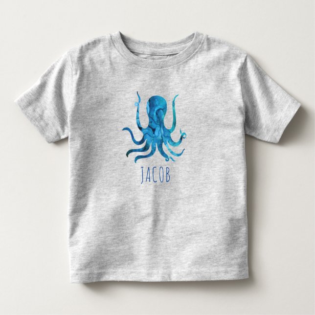 Watercolor Octopus Marine Kids Personalized Toddler T-shirt (Front)