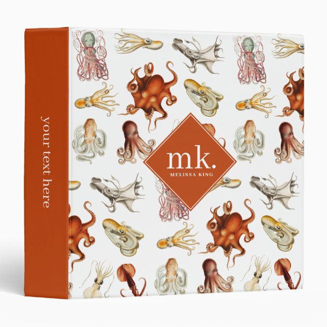 Watercolor Octopus Ocean Animals Pattern Monogram 3 Ring Binder (Front/Spine)