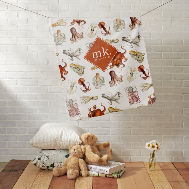 Watercolor Octopus Ocean Animals Pattern Monogram Baby Blanket (In Situ)