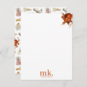 Watercolor Octopus Ocean Animals Pattern Monogram Note Card