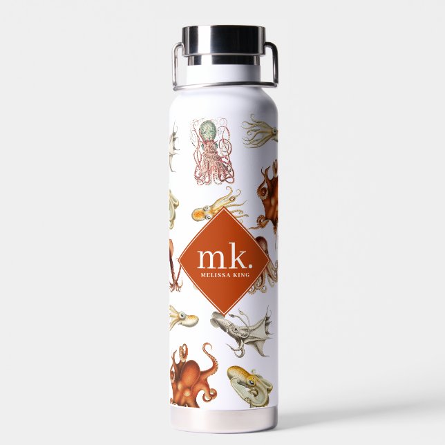 Watercolor Octopus Ocean Animals Pattern Monogram Water Bottle (Back)