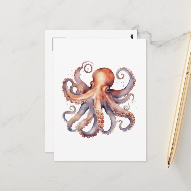 Watercolor Octopus Postcard (Front/Back In Situ)