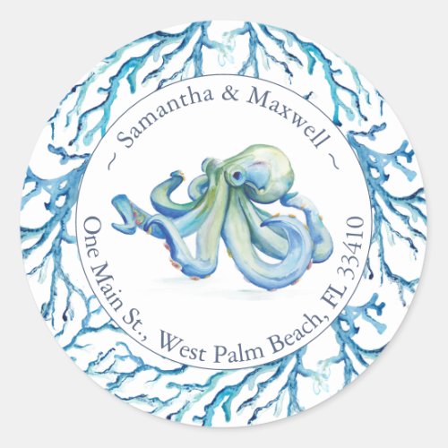 Watercolor Octopus Return Address Classic Classic Round Sticker