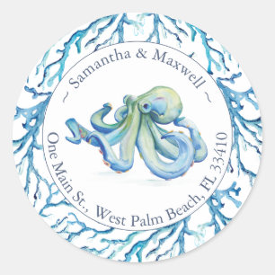 Watercolor Octopus Return Address Classic Round Sticker