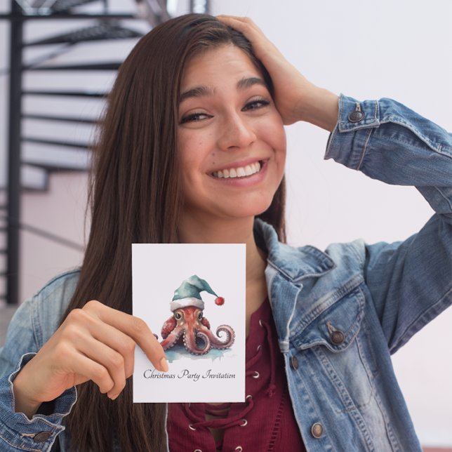 Watercolor Octopus Santa Hat Christmas Card (Creator Uploaded)