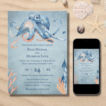 Watercolor Octopus Sea Life Beach Wedding Invitation by TheBeachBum at Zazzle