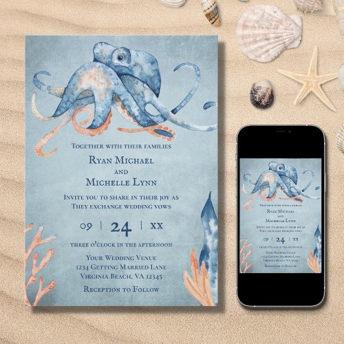 Watercolor Octopus Sea Life Beach Wedding Invitation