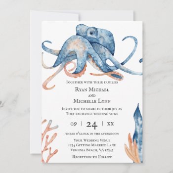 Watercolor Octopus Sea Life On White Beach Wedding Invitation by TheBeachBum at Zazzle