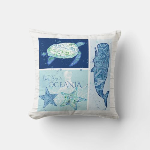 Watercolor Octopus Sea Turtle Starfish Whale Wood Throw Pillow