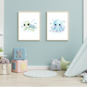 Watercolor Octopus & Turtle Ocean Animal Nursery Wall Art Sets