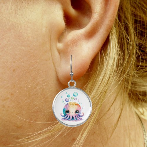 Watercolor Octopus Underwater Bubbles Silver Round Earrings