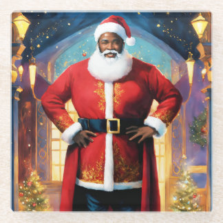 watercolor of a jolly black santa claus glass coaster